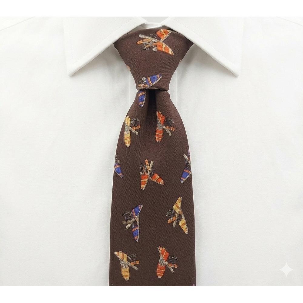 Polo Ralph Lauren Tie Mens OS Brown Silk Espadrille Shoe Print Hand Made